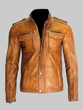 Load image into Gallery viewer, Biker Tan Distressed Motorcycle Leather Mens Jacket
