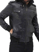 Load image into Gallery viewer, Black Bomber Leather Jacket With Hood
