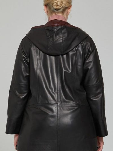 Women Black Leather Hooded Jacket With Long Pockets