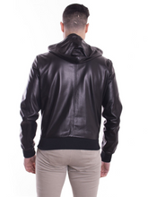 Load image into Gallery viewer, Black Lambskin Leather Mens Biker Hooded Collar Jacket
