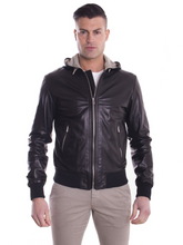 Load image into Gallery viewer, Lambskin Black Leather Mens hooded collar biker Jacket - Boneshia
