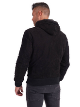 Load image into Gallery viewer, Black Lambskin Leather Biker Hooded Collar Jacket For Men
