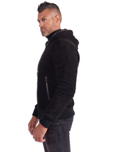 Load image into Gallery viewer, Black Lambskin Leather Biker Hooded Collar Jacket For Men
