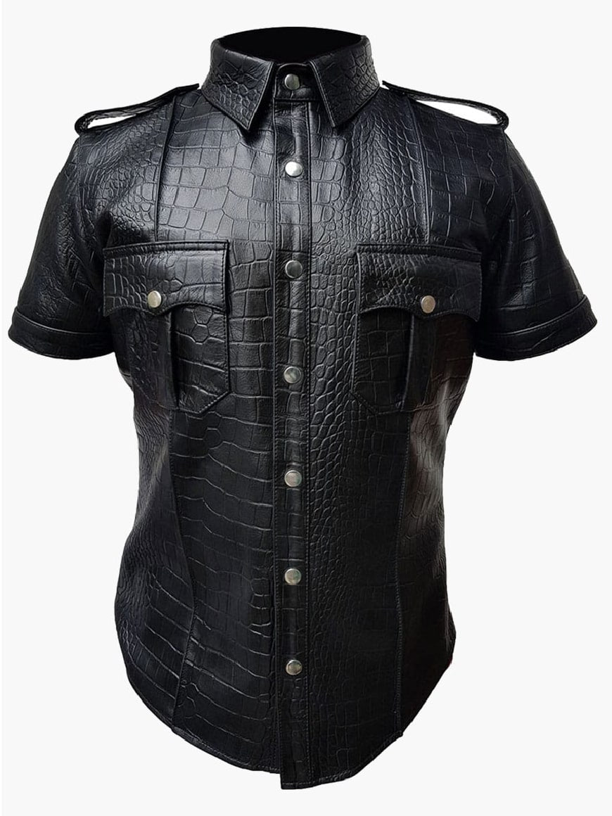 Men Black Police Uniform Crocodile Leather Shirt