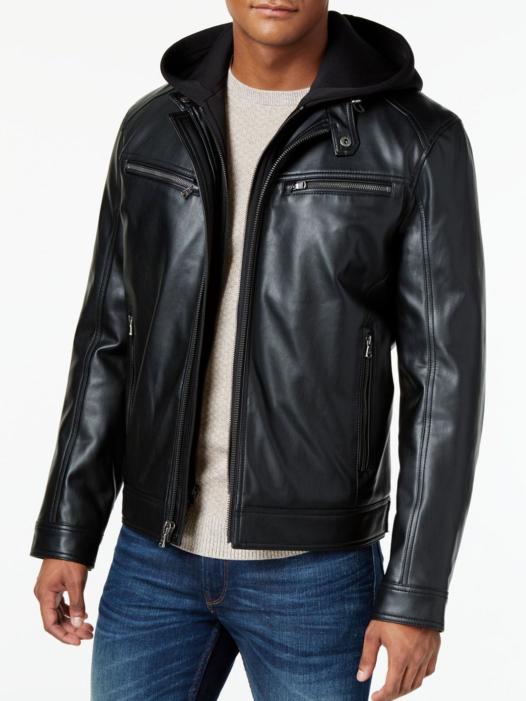 Black Mens Real Leather Hooded Jacket