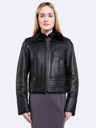Womens Black Shearling Real Leather Fur Jacket