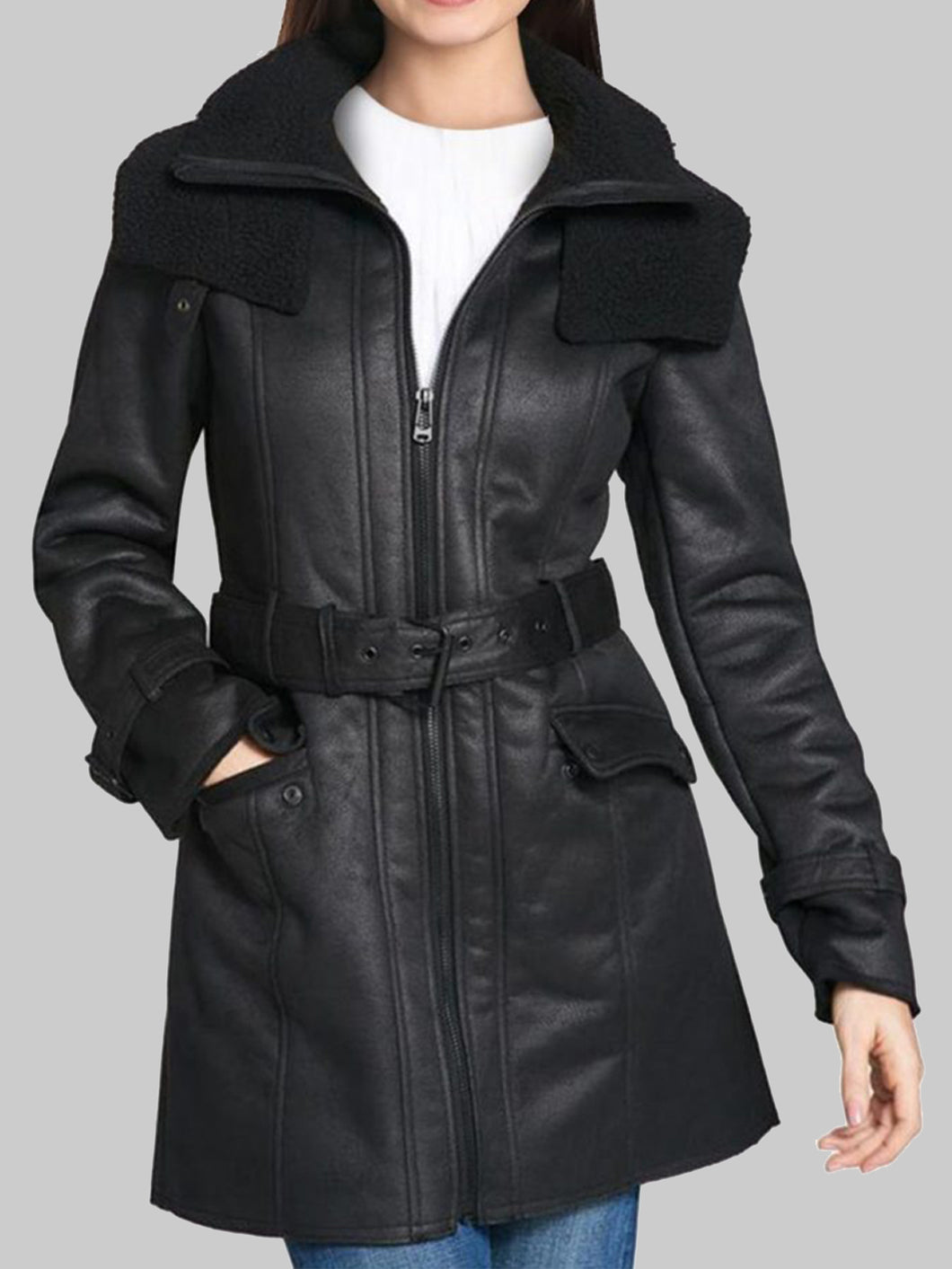 Black Shearling Duster Mid-Length Trench Coat for Women