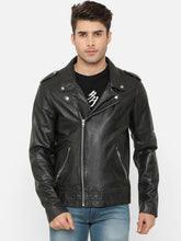 Load image into Gallery viewer, Men Black Solid Asymmetric Closure Leather Jacket
