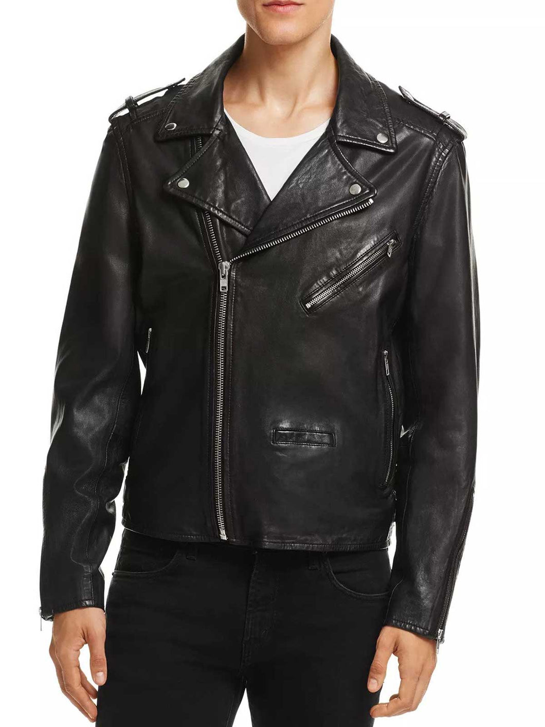 Black Textured Slim Fit Leather Jacket for Men