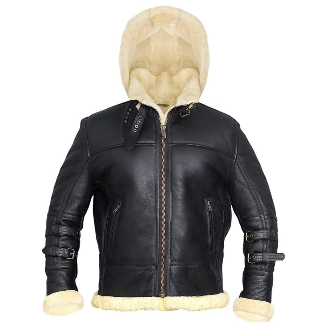 Men's Black Hooded Fur Leather Jacket
