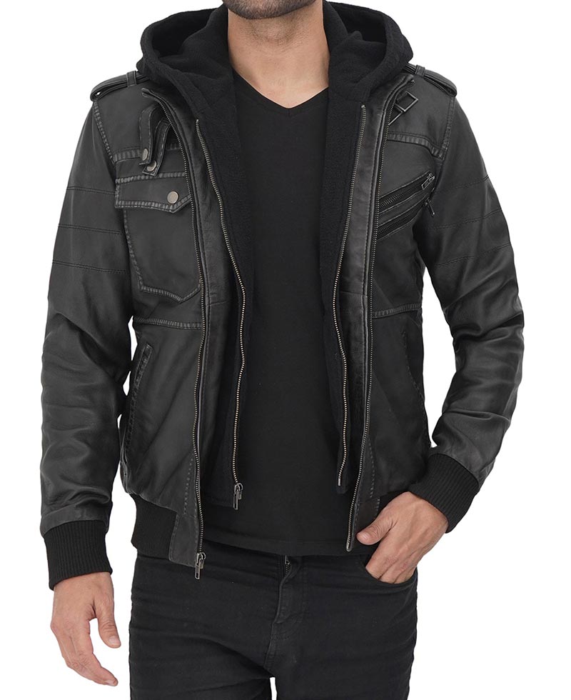 Mens Leather Bomber Jacket With Removable Hood