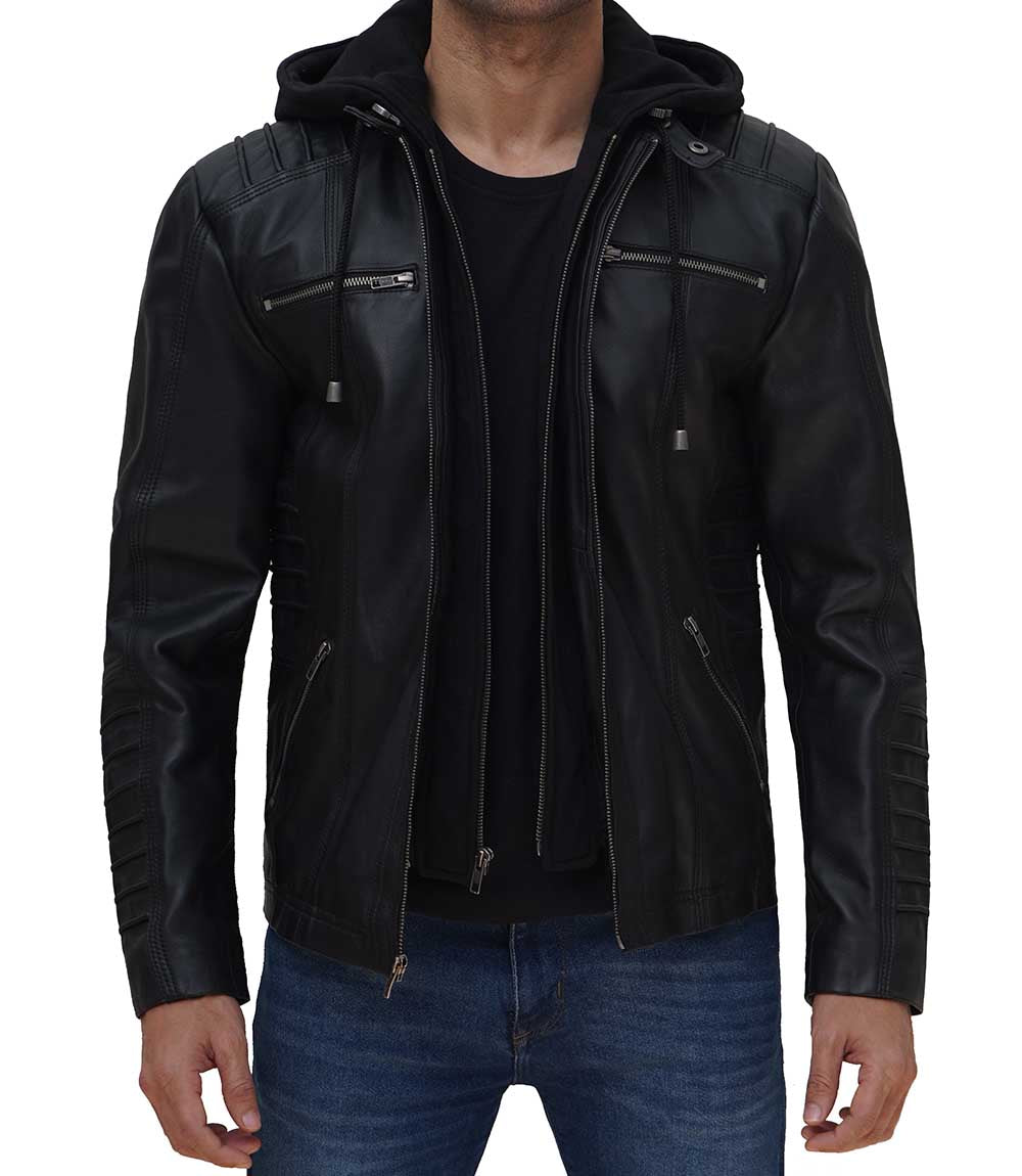 Black Cafe Racer Leather Jacket With Removable Hood – Boneshia