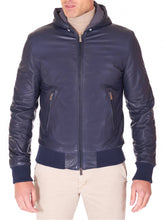 Load image into Gallery viewer, Blue Hooded Natural leather bomber jacket
