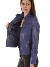 Load image into Gallery viewer, Blue Leather Biker Jacket For Women
