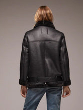 Load image into Gallery viewer, Womens Black Shearling Fur Collar Leather Jacket
