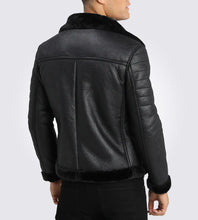 Load image into Gallery viewer, Men’s Black Shearling Collar Leather Jacket
