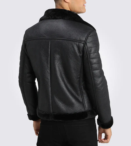 Men’s Black Shearling Collar Leather Jacket
