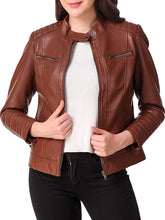 Load image into Gallery viewer, Brown Motorcycle Leather Jacket For Women’s
