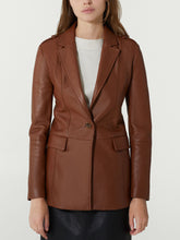 Load image into Gallery viewer, Brown Notch Lapel One Button Womens Leather Blazer Jacket
