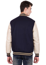 Load image into Gallery viewer, White Leather Sleeves Blue Wool Varsity Jacket
