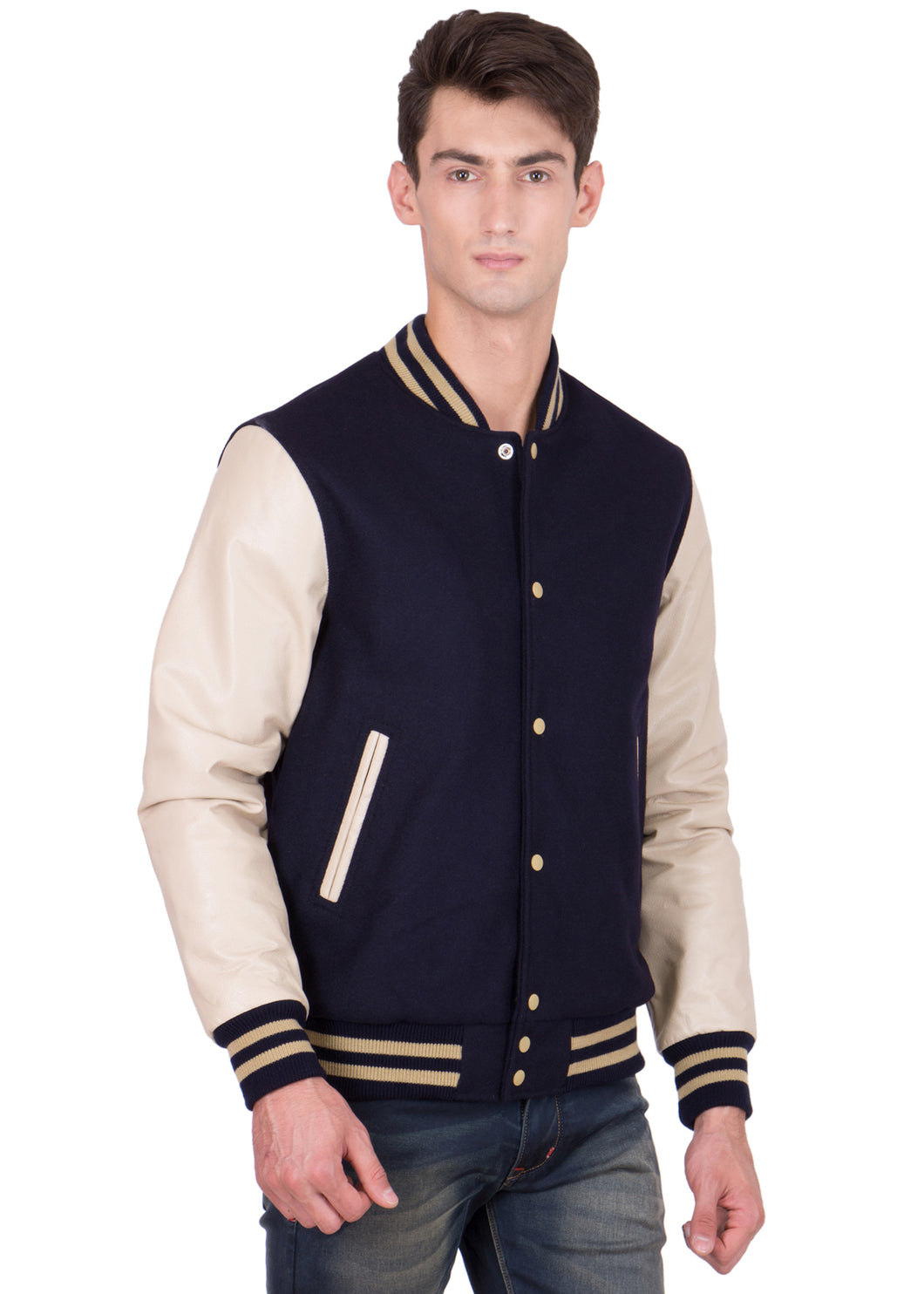 White Leather Sleeves Blue Wool Varsity Jacket