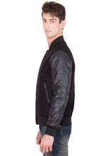 Load image into Gallery viewer, Black Leather Sleeves Wool Varsity Jacket
