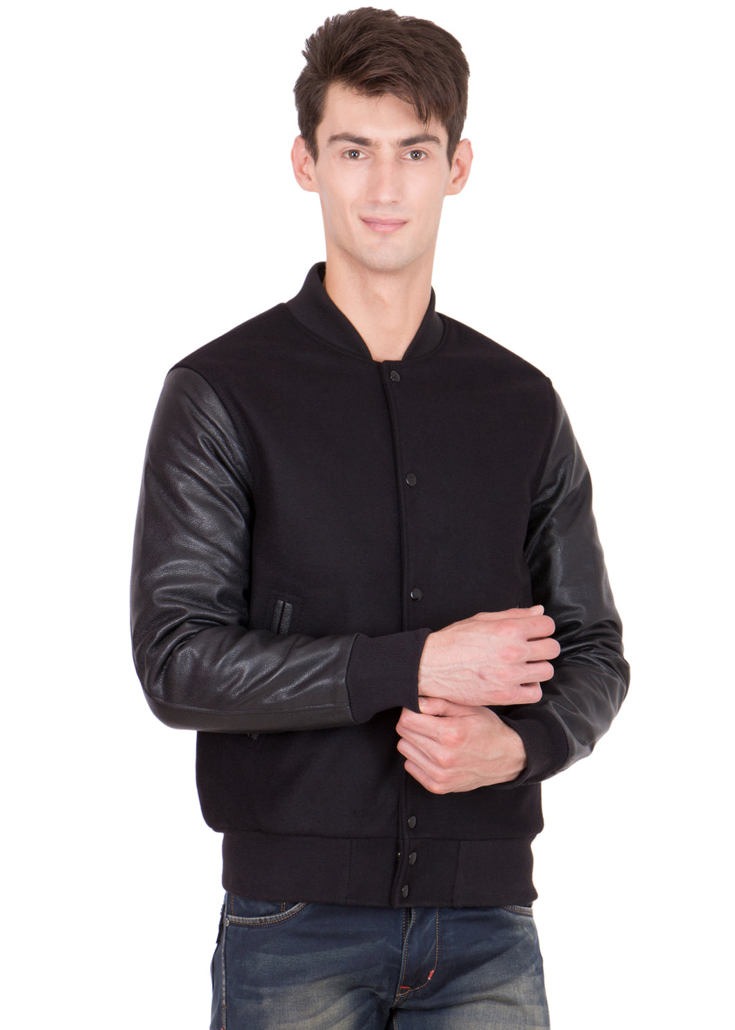 Black Leather Sleeves Wool Varsity Jacket