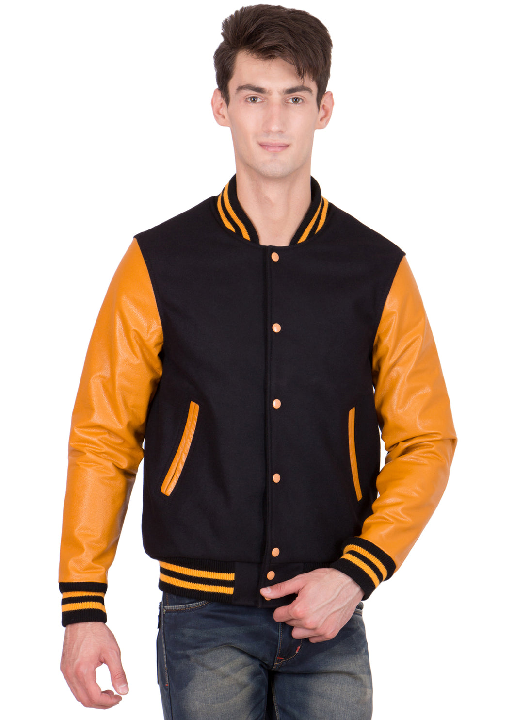 Yellow Leather Sleeves Black Wool Varsity Jacket