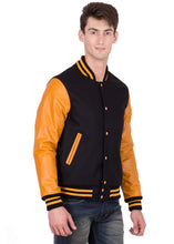 Load image into Gallery viewer, Yellow Leather Sleeves Black Wool Varsity Jacket
