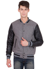Load image into Gallery viewer, Black Leather Sleeves Grey Wool Varsity Jacket
