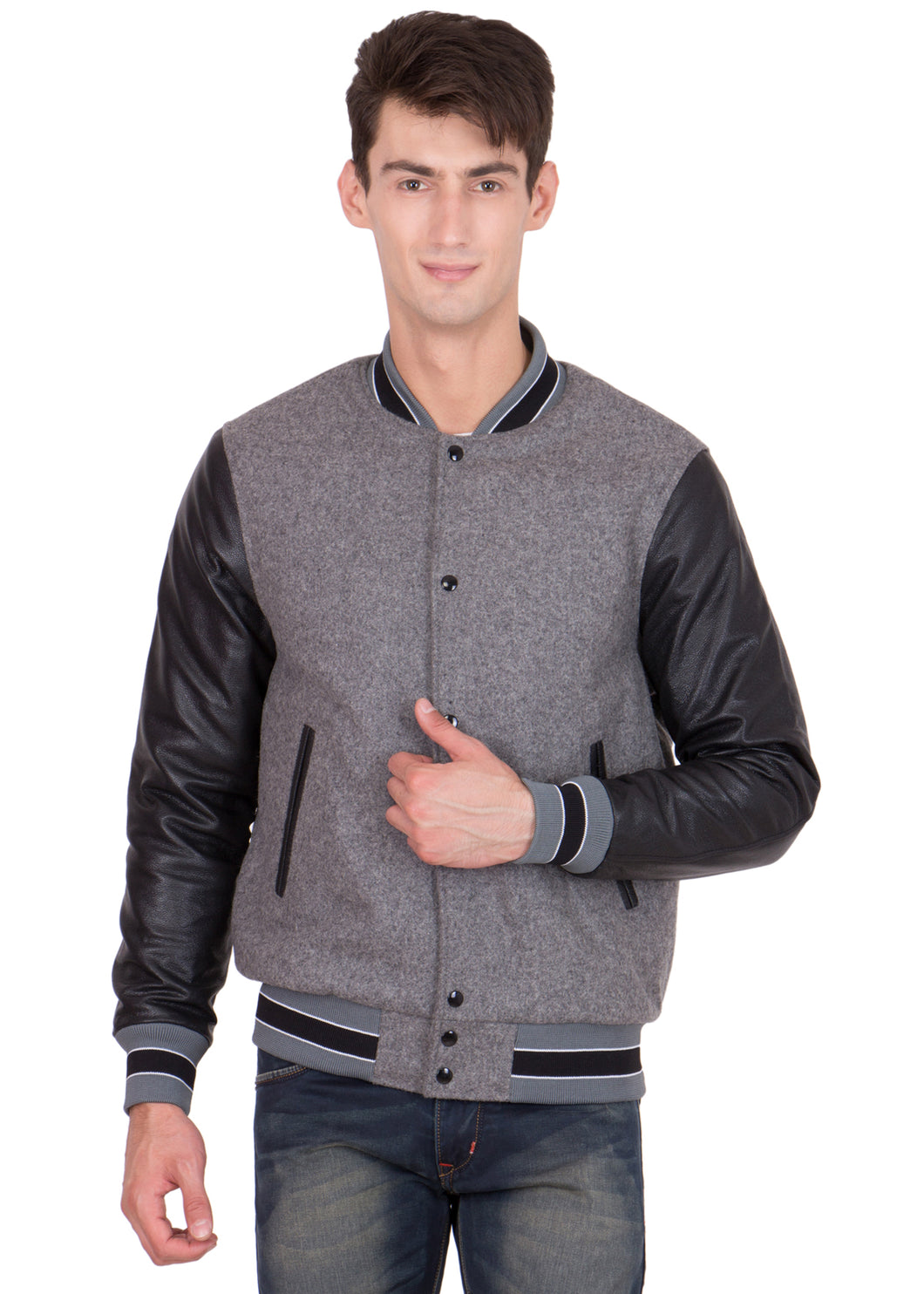 Black Leather Sleeves Grey Wool Varsity Jacket