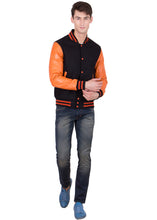 Load image into Gallery viewer, Orange Leather Sleeves Black Wool Varsity Jacket
