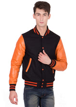Load image into Gallery viewer, Orange Leather Sleeves Black Wool Varsity Jacket
