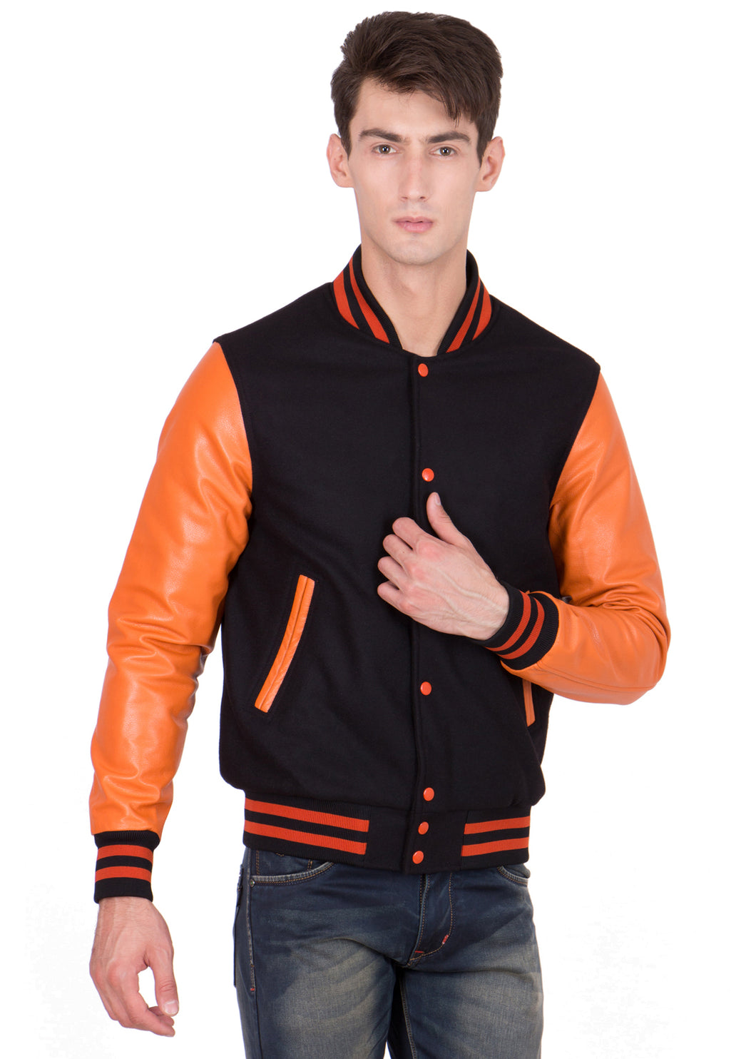 Orange Leather Sleeves Black Wool Varsity Jacket
