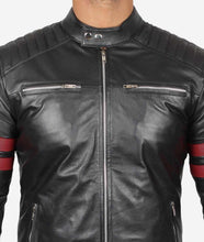 Load image into Gallery viewer, Mens Black Quilted Red Stripe Cafe Racer Leather Motorcycle Jacket
