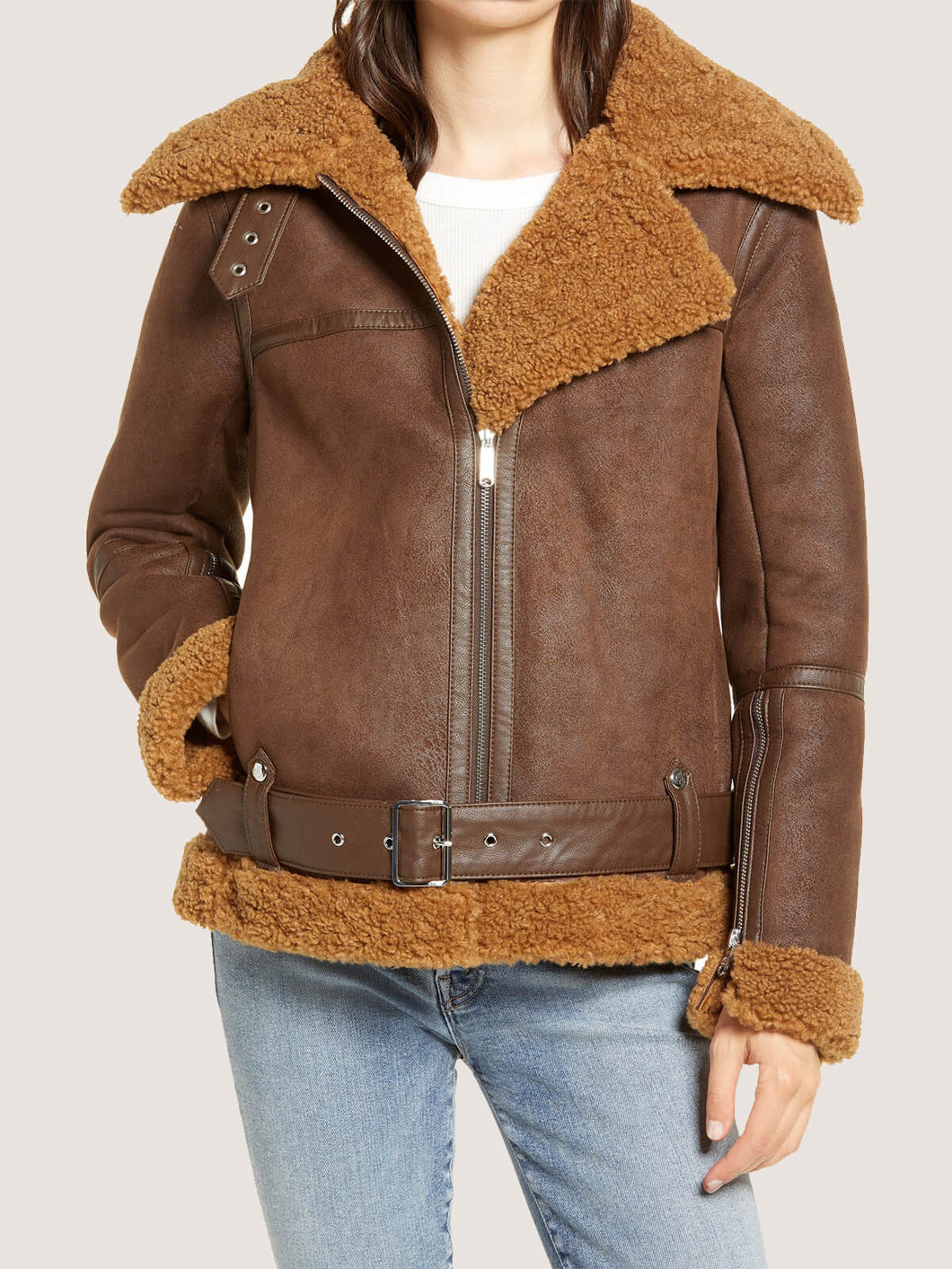 Women’s Brown Shearling Fur Collar Leather Biker Jacket