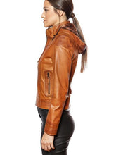 Load image into Gallery viewer, Women Brown Leather Jacket With Hoodie
