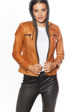Load image into Gallery viewer, Women Brown Double Zipper Biker Leather Jacket With Hoodie
