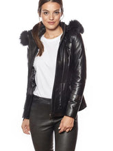 Load image into Gallery viewer, Women Black Fur Hooded Leather Jacket
