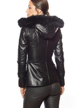 Load image into Gallery viewer, Women Black Fur Hooded Leather Jacket
