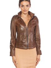 Load image into Gallery viewer, Brown Leather Jacket With Hoodie For Women
