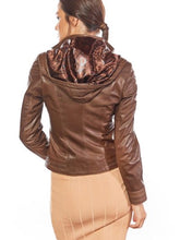Load image into Gallery viewer, Brown Leather Jacket With Hoodie For Women
