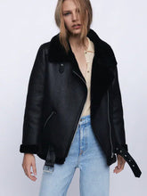 Load image into Gallery viewer, Womens Double-Faced Shearling Black Belted Jacket
