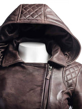 Load image into Gallery viewer, Dark Brown Hooded Biker Leather Jacket
