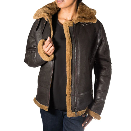 Womens Brown Shearling Leather B3 Bomber Jacket
