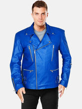 Load image into Gallery viewer, Blue Mens Biker Hem Cuf Leather Jacket
