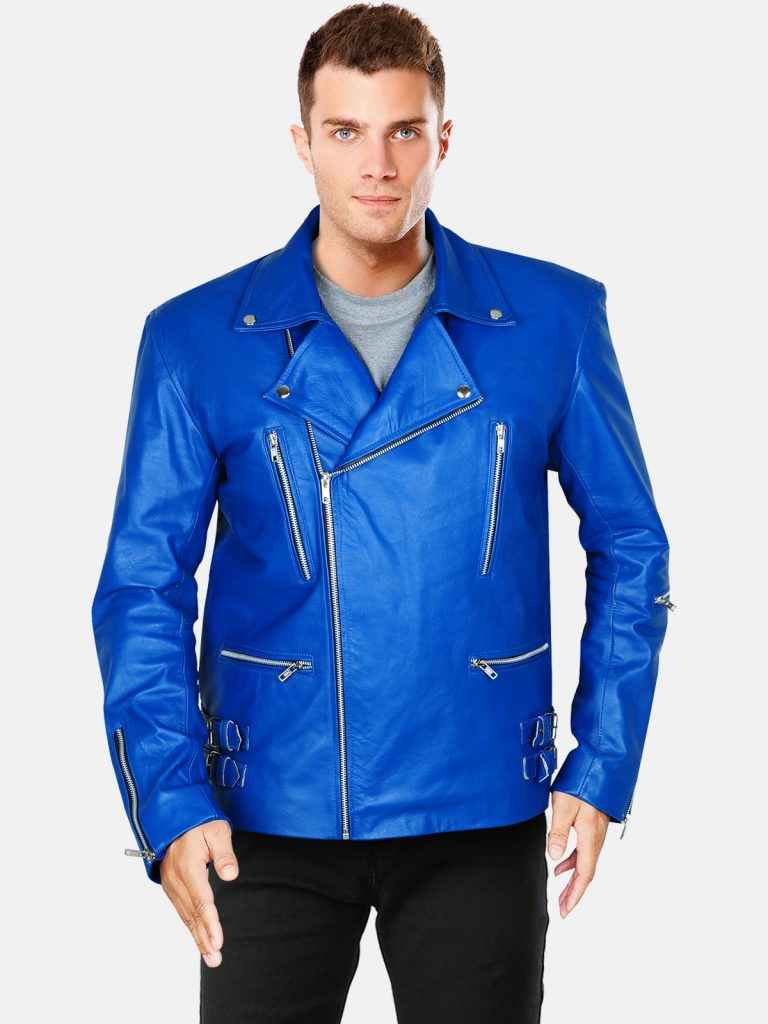 Blue Mens Biker Hem Cuf Leather Jacket