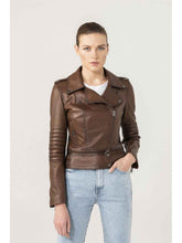 Load image into Gallery viewer, Womens Casual Stylish Brown Shiny Leather Jacket
