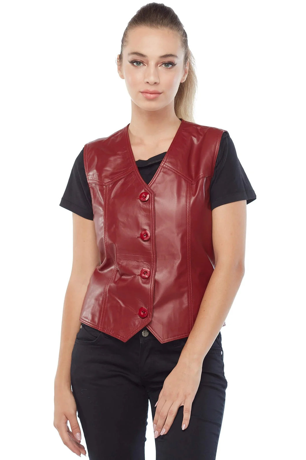 Women's Bright Red Biker Leather Vest