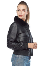 Load image into Gallery viewer, Women&#39;s Jet Black Bomber Leather Jacket
